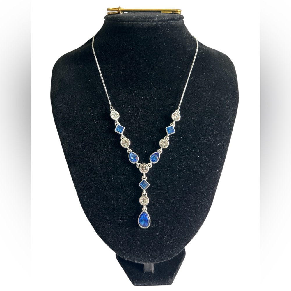 Fashion Silver Tone  Blue and Clear Rhinestone Y Shape Necklace